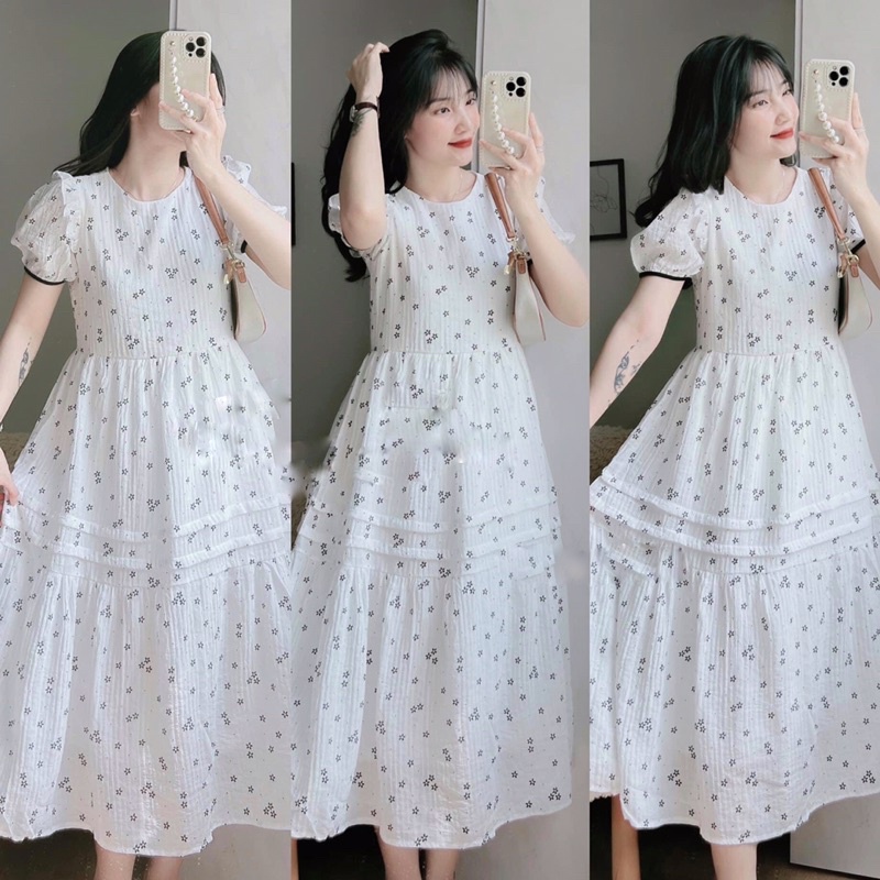 Đầm midi babydoll trắng hoa nhí đen