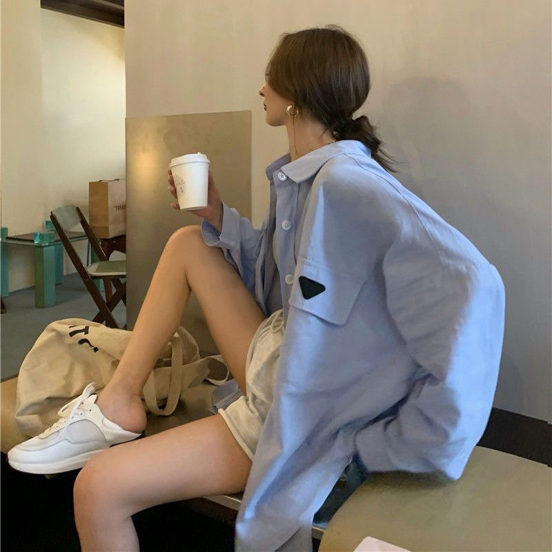 IELGY Áo Sơ Mi Xanh Dáng Rộng In Họa Tiết Thời Trang Cho Nữ