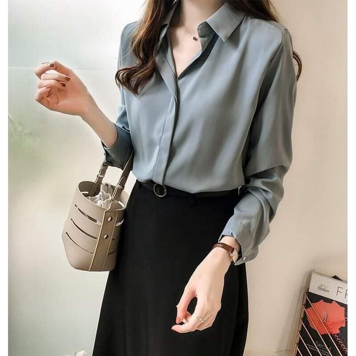 Áo Sơ Mi Nữ QC Phong Cách Hàn Quốc Mới-Áo Sơ Mi Nữ Cổ V-Áo Sơ Mi Kiểu Nữ-Hàng vải Lụa Mề