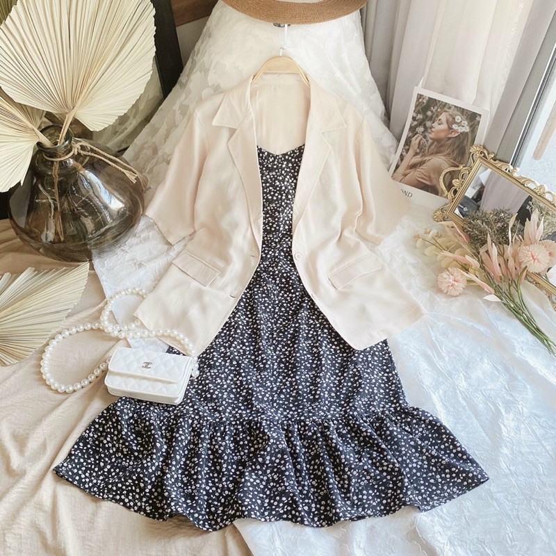 ĐẦM HOA NHÍ 2 DÂY VINTAGE+ÁO KHOÁC BLAZER__HÀNG QUẢNG CHÂU CAO CẤP__ĐẦM VOAN HOA NHÍ DẠO PHỐ,DU LỊCH SIÊU XINH