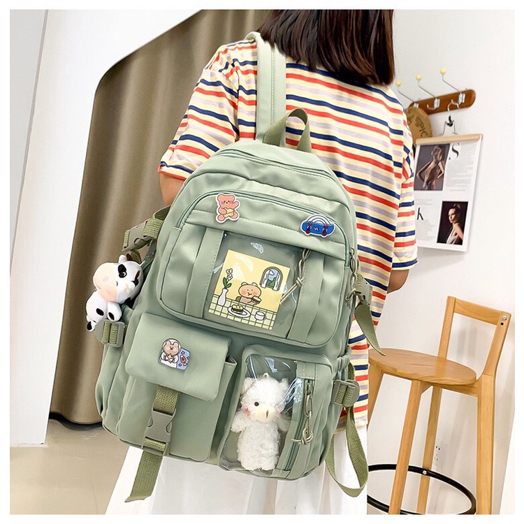 Balo học sinh kính vuông chống nước, ulzzang basic đi học đi chơi, tặng kèm gấu và sticker ngẫu nhiên