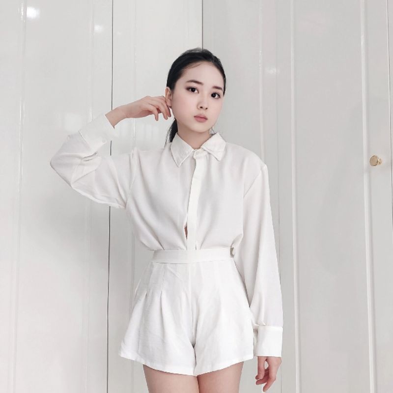 Set sơ mi nữ ulzzang kiểu chéo eo kèm quần hai màu Trắng/ Đen| Áo sơ mi nữ kiểu Hàn Quốc form rộng, tay dài - CB