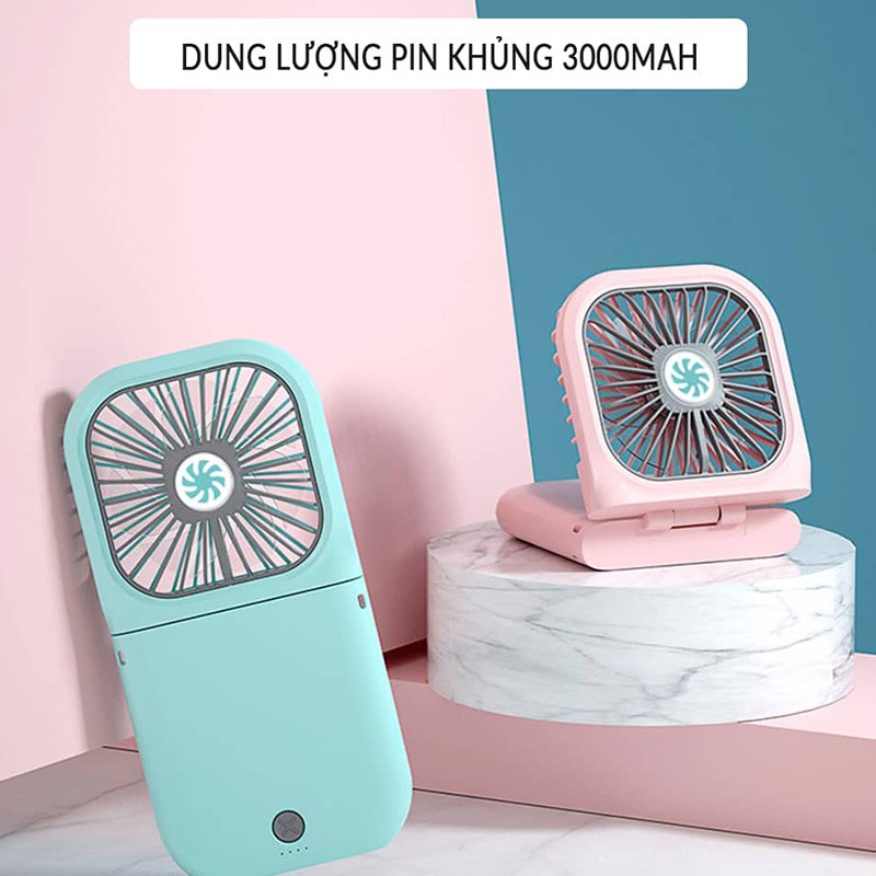 Quạt mini cầm tay kiêm sạc dự phòng 3000mAh, quạt tích điện đeo cổ, để bàn, gió mạnh, mát, êm ái, gấp gọn - Phụ Kiện HB