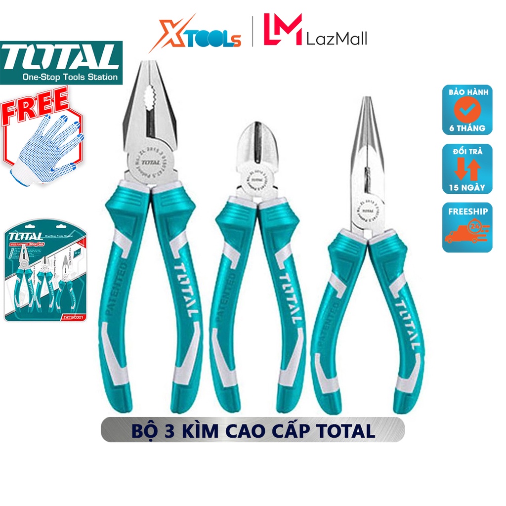 Bộ kìm cắt, kìm điện và kìm mỏ nhọn TOTAL THT1K0301 | bộ 3 kềm cắt, kềm răng và kềm mỏ dài gồm 3 cây kìm kềm răng 8 inch