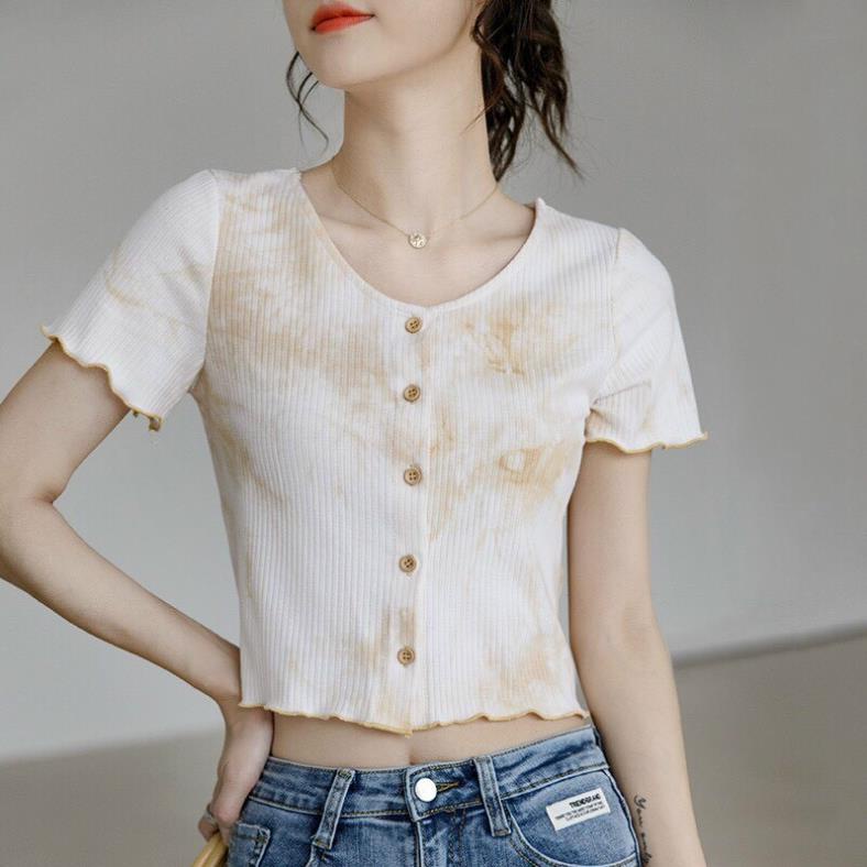 [Hàng VNXK]Áo Croptop Loang Viền Bèo - Phông Thun Loang Nhiều Màu Nữ Dáng Ôm Cuốn Viền Cổ Tim Ulzzang | BigBuy360 - bigbuy360.vn