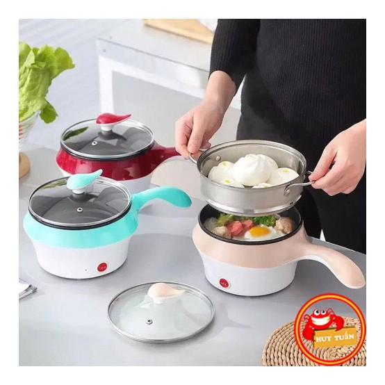 Nồi Lẩu Điện Đa Năng Kèm Giá Hấp Có Tay Cầm Tiện Dụng 18cm, Nồi Lẩu Hấp Mini 2 Tầng Cao Cấp