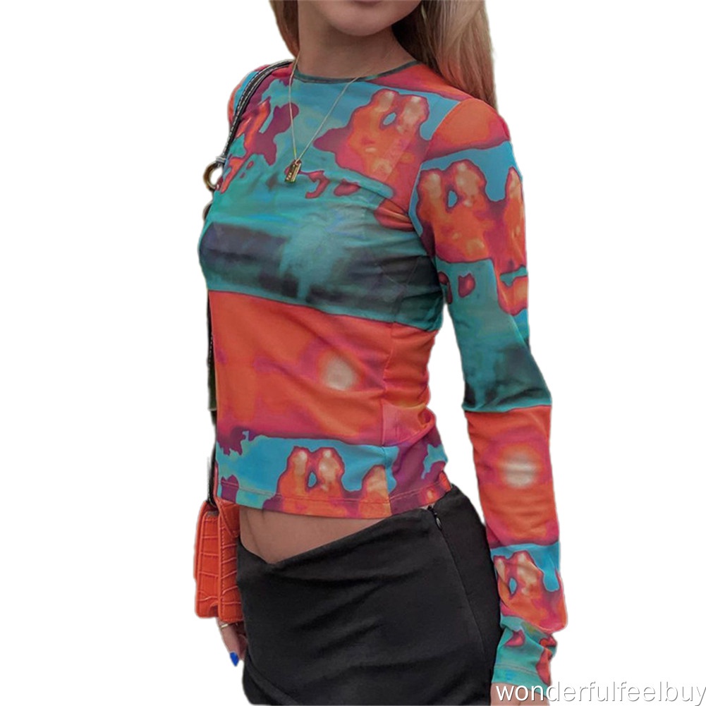 Áo croptop tay dài in họa tiết màu sắc 95% polyester 5% spandex đơn giản thời trang mùa thu cho nữ | BigBuy360 - bigbuy360.vn