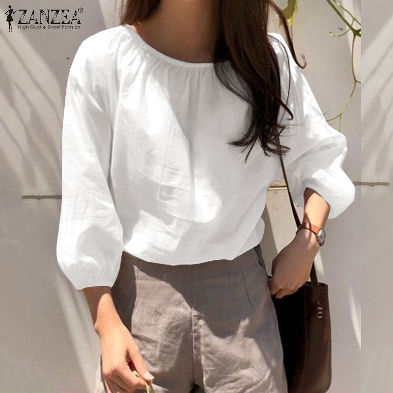 Zanzea Áo Kiểu Tay Phồng 3 / 4 Cổ Tròn Xếp Ly Thời Trang Đường Phố Thanh Lịch Cho Nữ