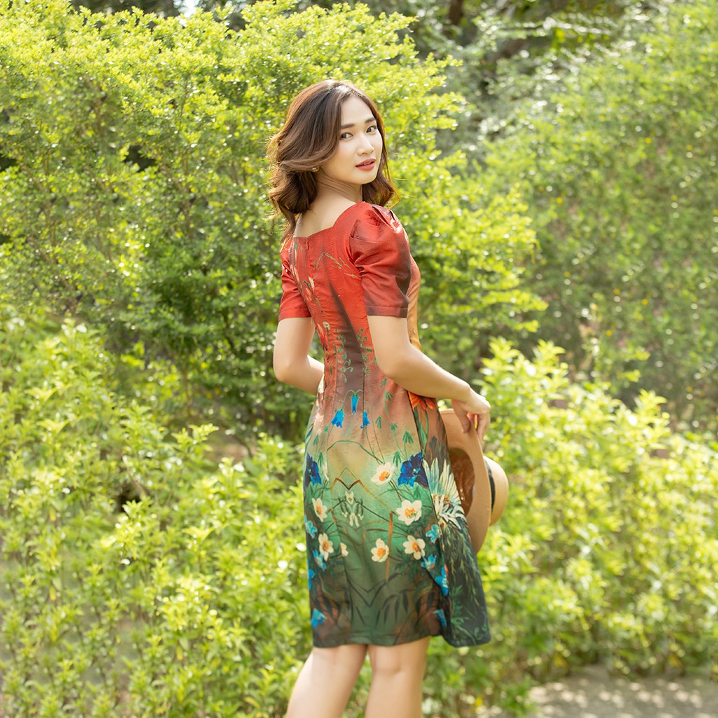 Đầm suông nữ cổ vuông họa tiết hoa 2 lớp Thời Trang Eden cổ tròn tay ngắn chất liệu lụa mềm mát có lót - D443