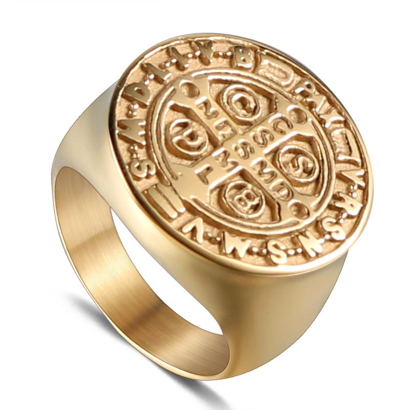 Fashion Cross Pattern Titanium Steel Ring Personality Retro Men Stainless Steel Gold Ring Jewelry HZ091