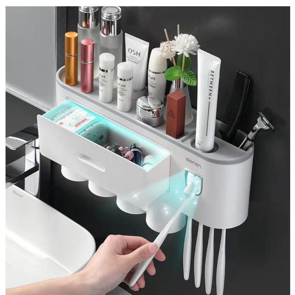 Kệ để đồ phòng tắm đa năng nhà tắm kiêm nhả kem đánh răng có móc treo đồ - Bộ nhả kem đánh răng tự động