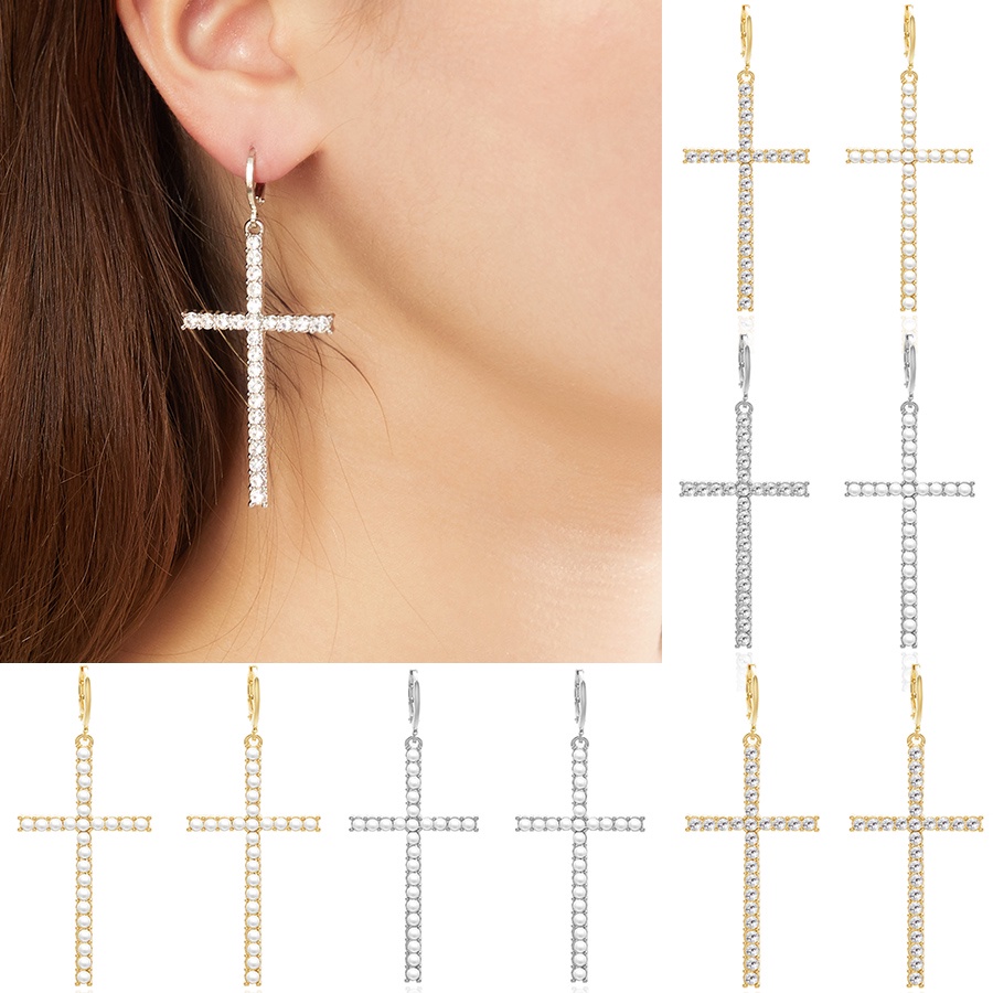 Đôi khuyên tai RINHOO FRIENDSHIP mặt hình thánh giá đính hạt ngọc trai nhân tạo thời trang cho nữ