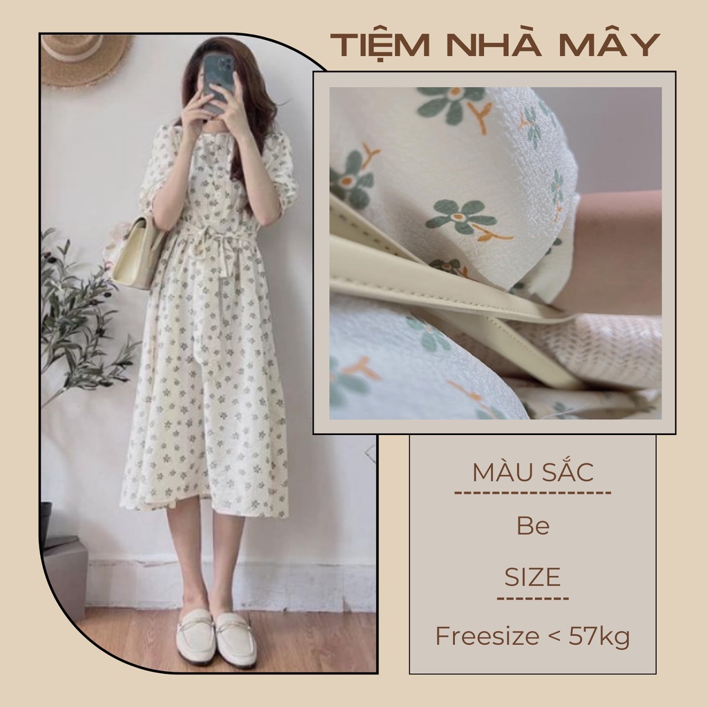 Váy Hoa Nhí Cổ Tròn Thắt Nơ Cài Cúc Dáng Dài Vintage, Đầm Hoa Nhí Cỏ 4 Lá Tay Bồng Ulzzang V105