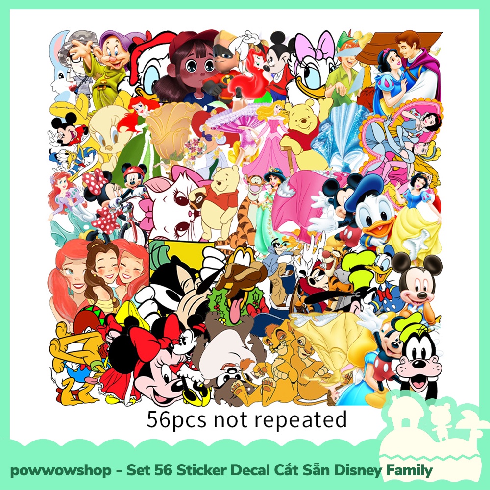[Sẵn VN - Hỏa Tốc] Set 56 Sticker Mini Decal Dán Trang Trí Vật Dụng Mẫu Nhân Vật Hoạt Hình Disney Characters Family