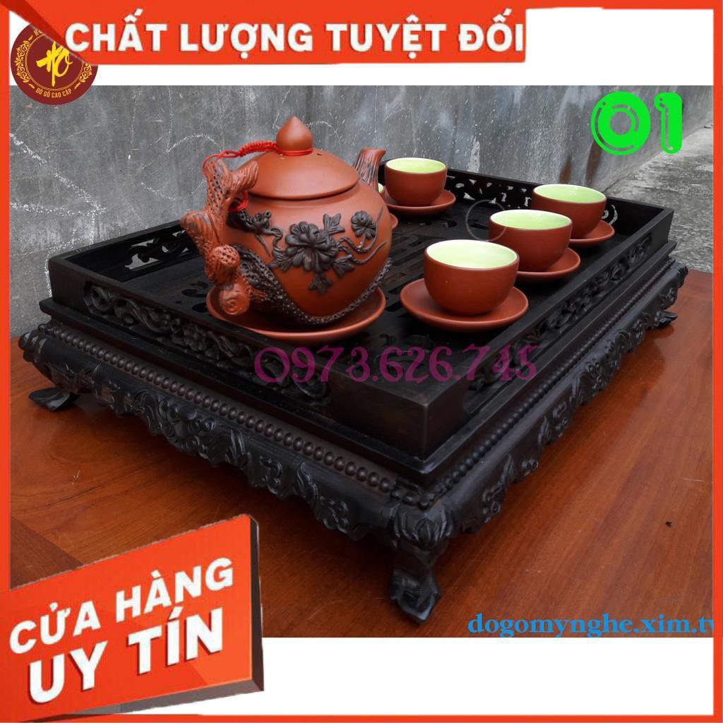 Khay trà rồng chầu gỗ mun cỡ 32-42 - Ấm gốm tử sa Hoa Đào