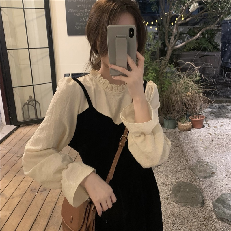 Đầm nhung chữ A cổ tròn dài tay hai lớp phong cách cổ điển 48375