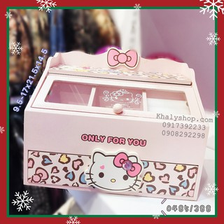Hộp gỗ đựng nữ trang, trang sức nhiều ngăn, có gương hình mèo Hello Kitty beo màu hồng nhạt cho bé gái, bạn nữ