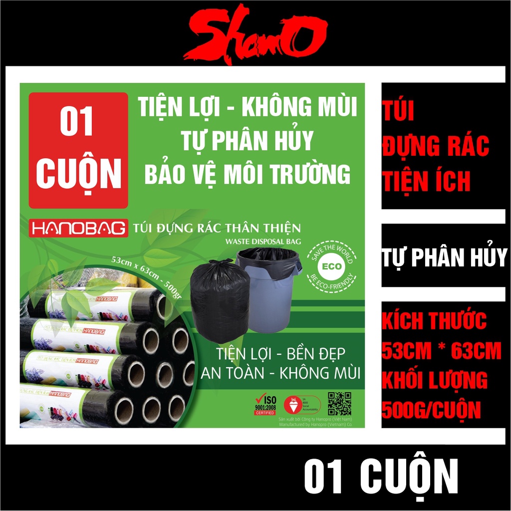 [01 cuộn] Cuộn túi rác đen (KT: 53cm x 63cm x 500g) – Màu đen – Túi dày sạch không mùi – Xé tay tiện lợi – Tự phân hủy