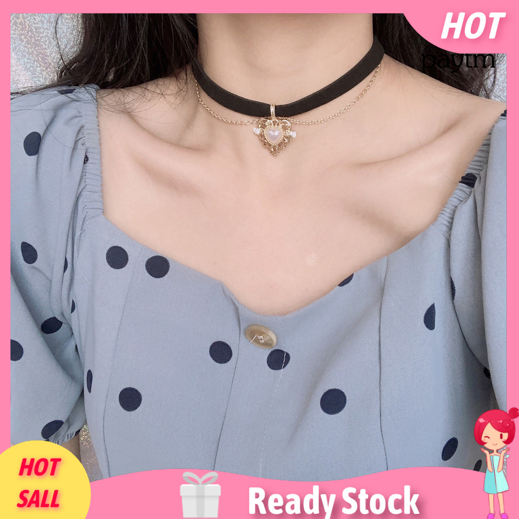 Vòng Cổ Choker Mặt Trái Tim Đính Ngọc Trai Nhân Tạo Thời Trang