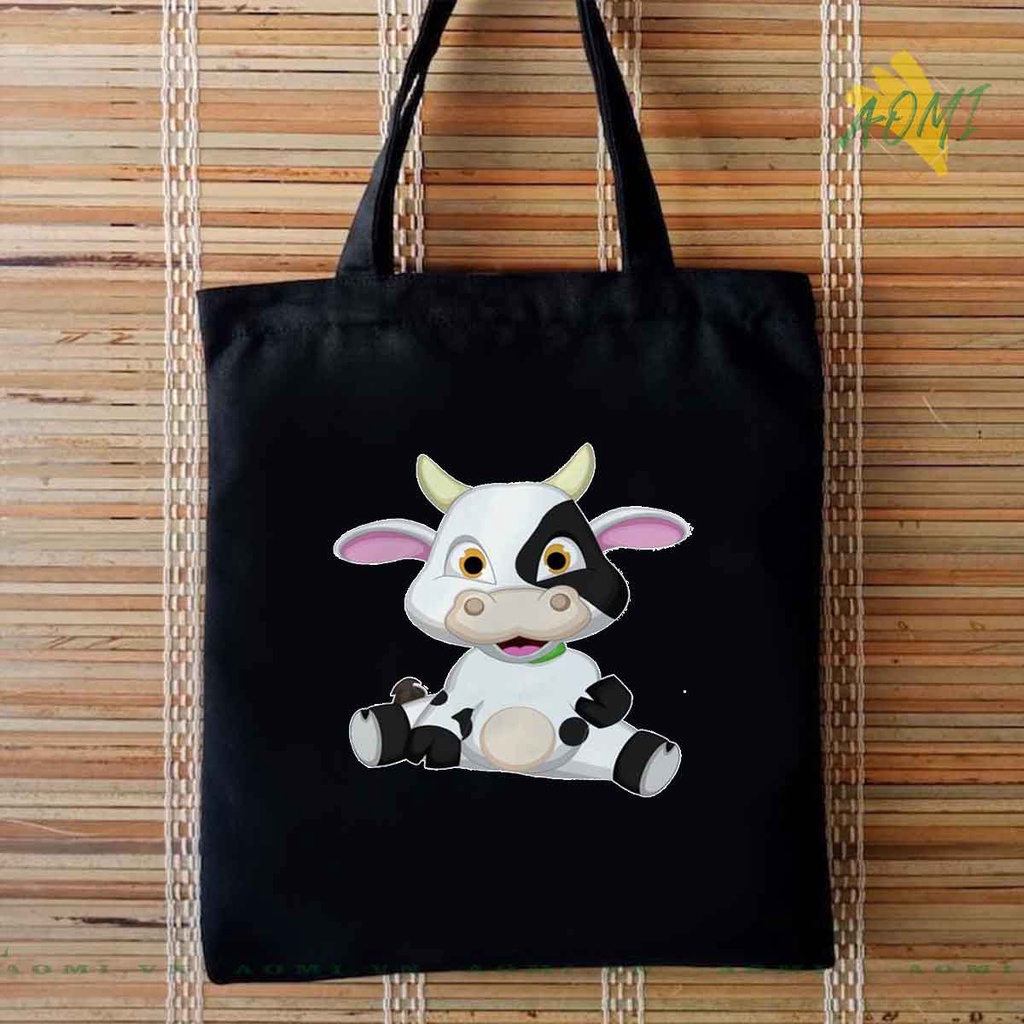 TOTE CANVAS bò sữa milk TÚI VẢI ĐEO VAI BAG CÓ KHÓA KÉO SIZE LỚN 33x38cm AOMIVN DU LỊCH DẠO PHỐ