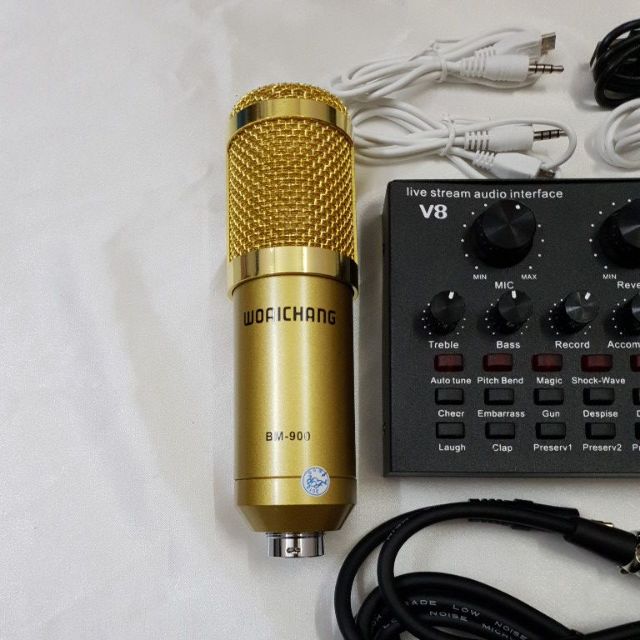 Míc thu âm livestream hát karaoke micro woaichang bm900 card v8