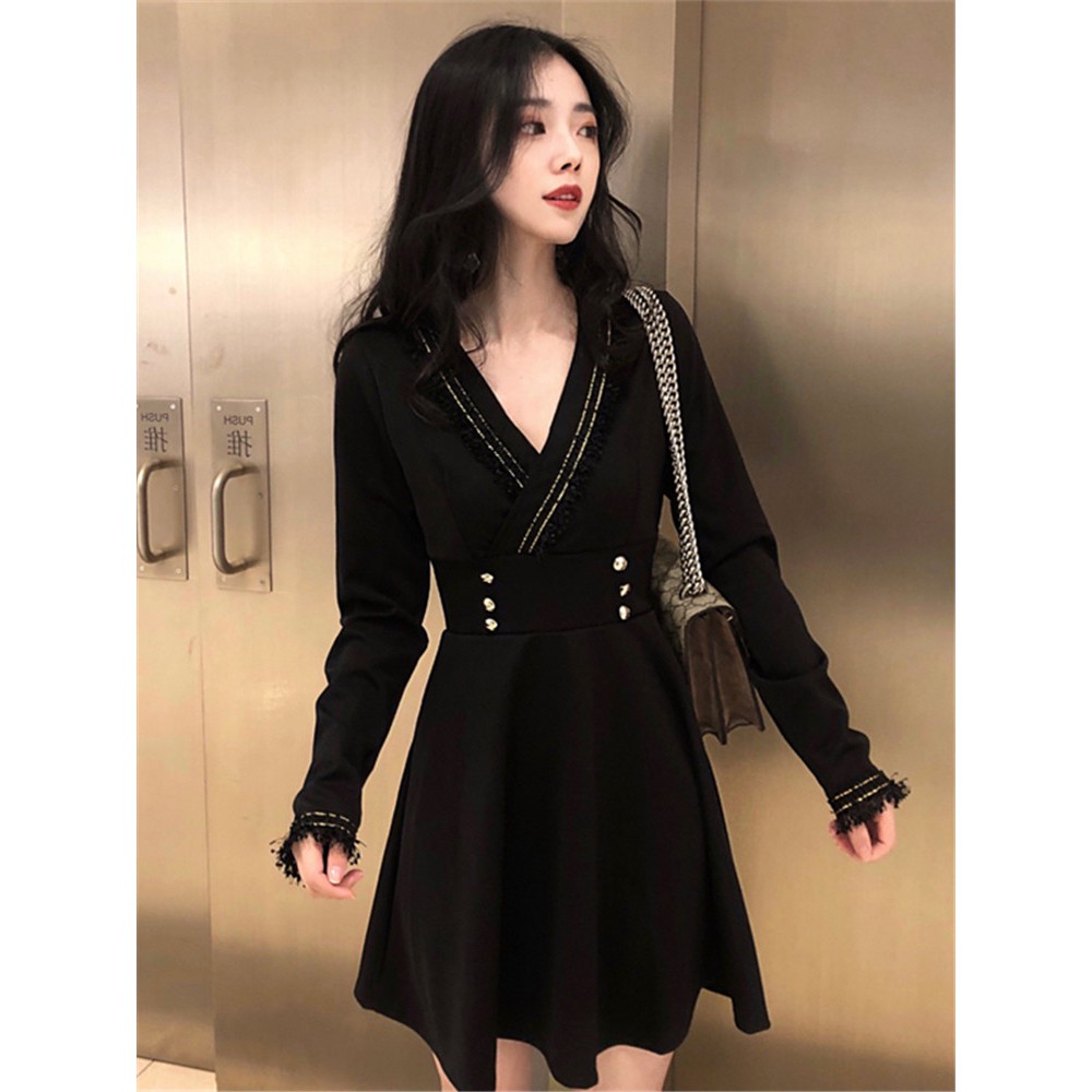 Early autumn 2019 new wisdom smoked French bell-striped skirt waist slimming temperament retro Hepburn wind dress