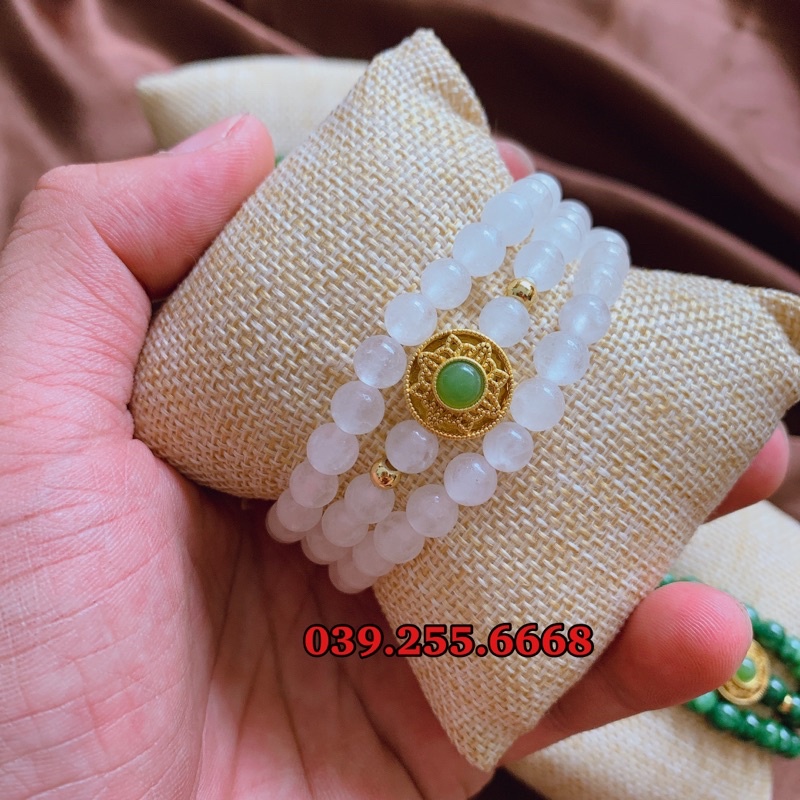 [Giá Sỉ Chuỗi Vòng Đá] cuốn tay 3 vòng mix charm tròn mặt đá xanh tặng hộp gấm