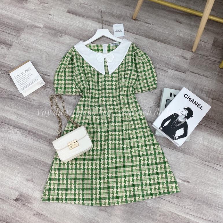 [ 𝐅𝐑𝐄𝐄 𝐒𝐇𝐈𝐏 ] VÁY DẠ KẺ XANH PHỐI CỔ PI TER NƠ NHỎ SIÊU XINH