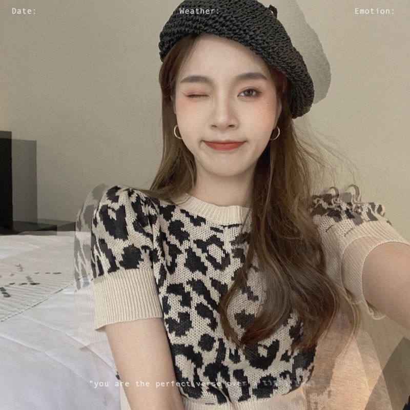 Áo dệt kim tay ngắn cổ tròn in da báo thời trang phong cách retro