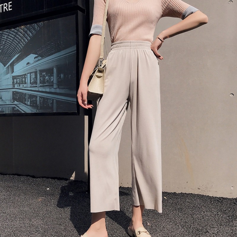 Quần dài ống rộng lưng cao màu trơn thời trang cho nữ