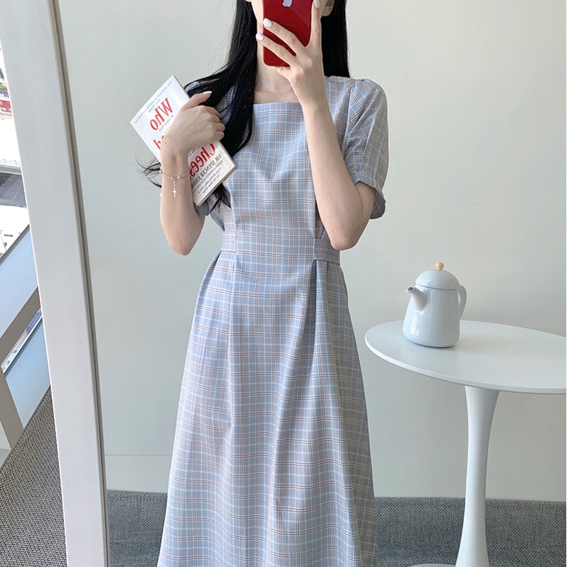 29443 caro cổ vuông quấn tay áo váy midi