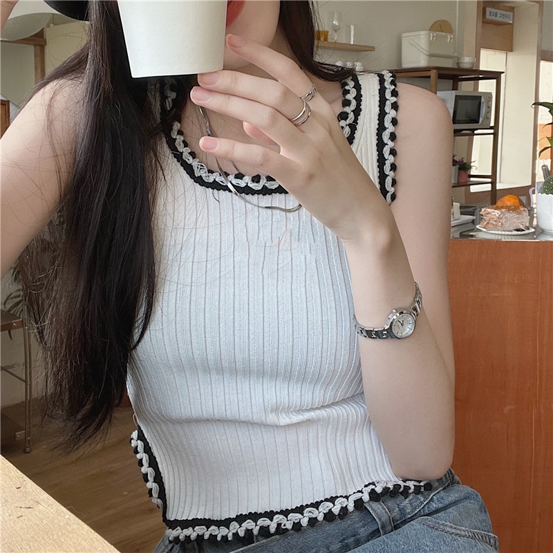 Áo kiểu croptop SUXI dệt kim cổ chữ U không tay phong cách vintage thời trang mùa hè cho nữ