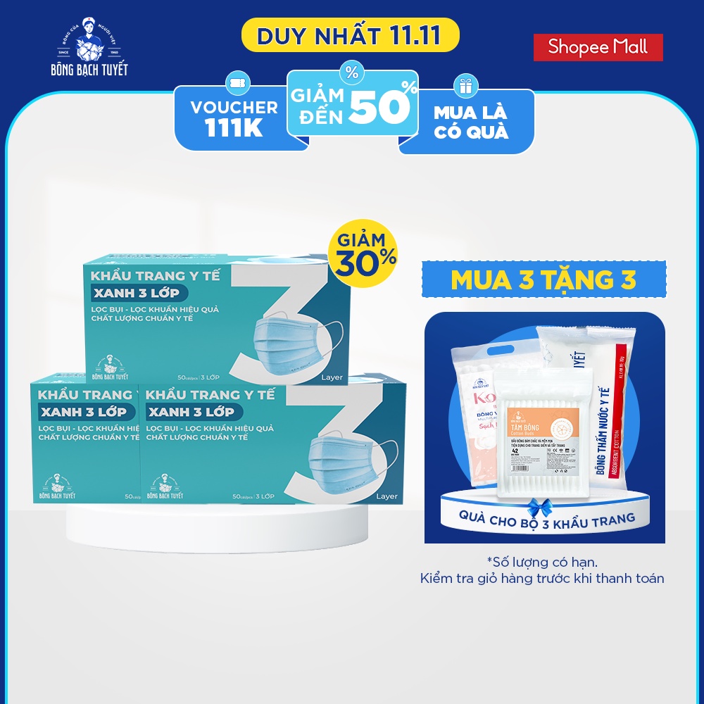 Combo 3 Hộp khẩu trang y tế 3 lớp Meriday Bông Bạch Tuyết kháng khuẩn màu xanh - Hộp 50 cái