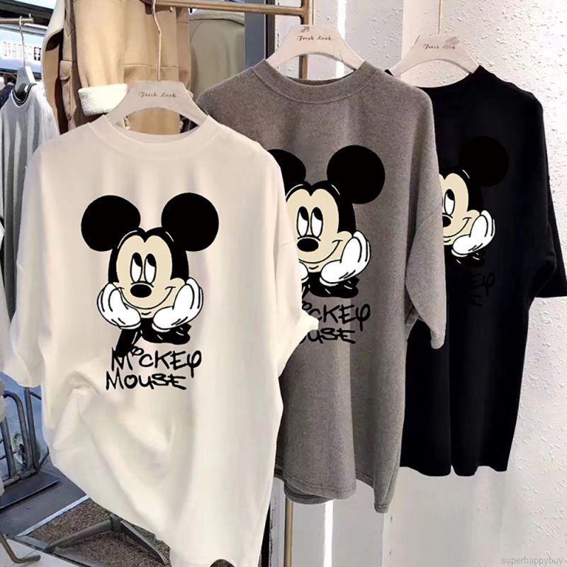 Áo thun dáng dài tay ngắn dáng rộng in họa tiết chuột mickey hoạt hình phong cách Hàn Quốc harajuku dành cho nữ