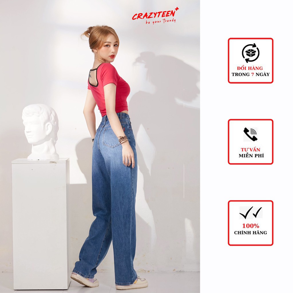 Áo croptop nữ CRAZYTEEN thun cổ tròn khoét lưng AT0130