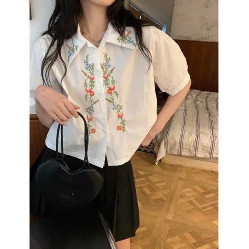 Áo sơ mi kiểu croptop nữ tay ngắn phồng hoa thêu - Order taobao quảng châu