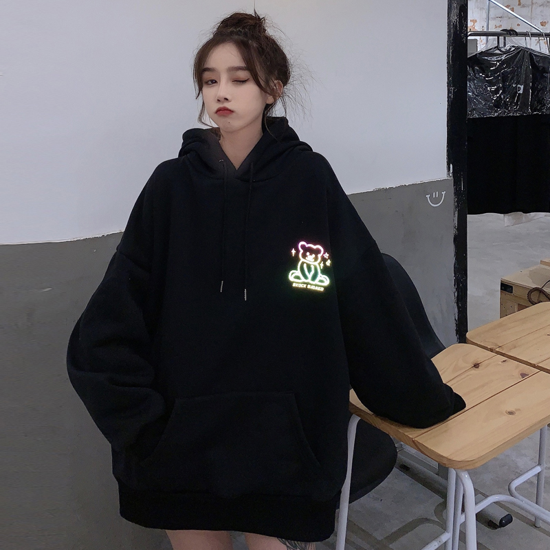 [Áo hoodie nữ form rộng] Áo hoodie nữ unisex dài GẤU SÁNG đen, trắng chất nỉ dẹp