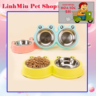 Bát ăn đôi lòng inox hình ếch cho thú cưng chó mèo SIÊU CUTE