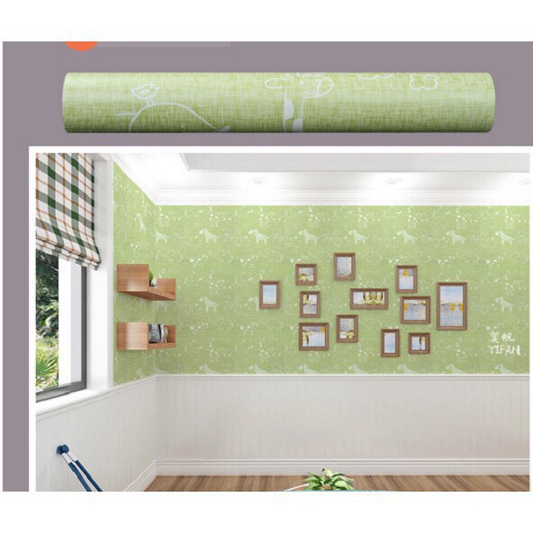 Cuộn 5M PVC giấy dán tường (có sẵn keo dán) – NỀN XANH LÁ HÌNH THÚ YJ109