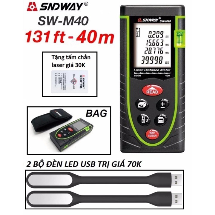 Máy đo khoảng cách bằng tia laser SNDWAY SW - M40 + tặng kèm 2 đèn led usb - Thước đo khoảng cách bằng láer