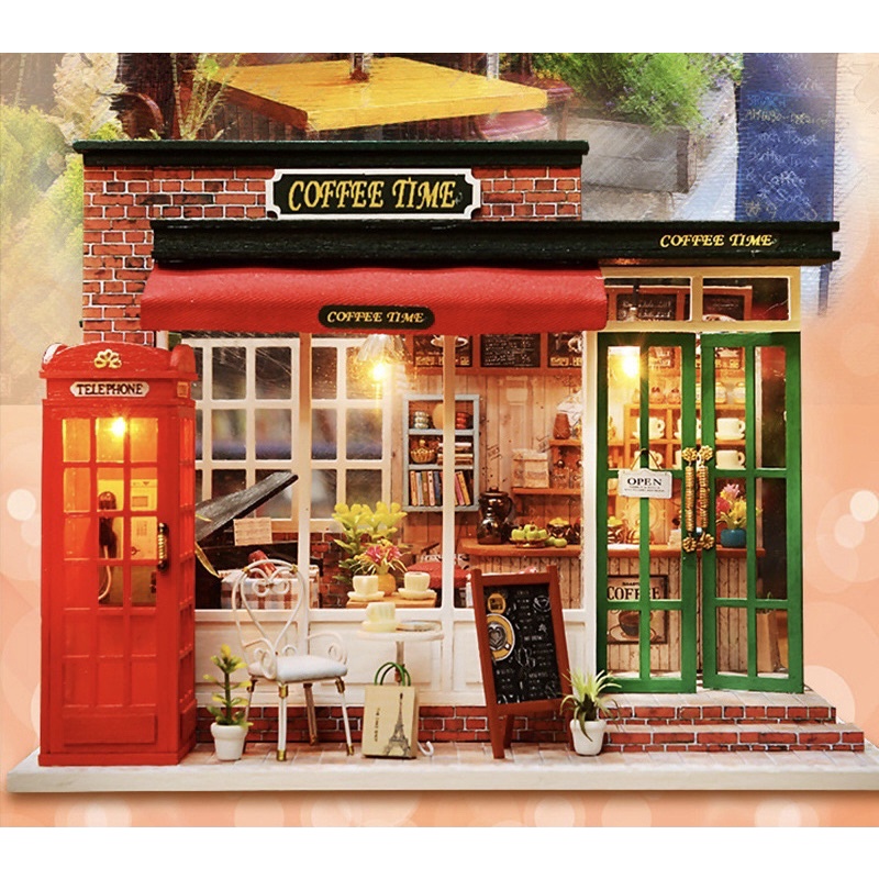 (Tặng mica,keo sữa,đèn)Mô hình quán coffee time Nhà búp bê bé tư lăp đô chơi bằng gỗ diy doll house M015