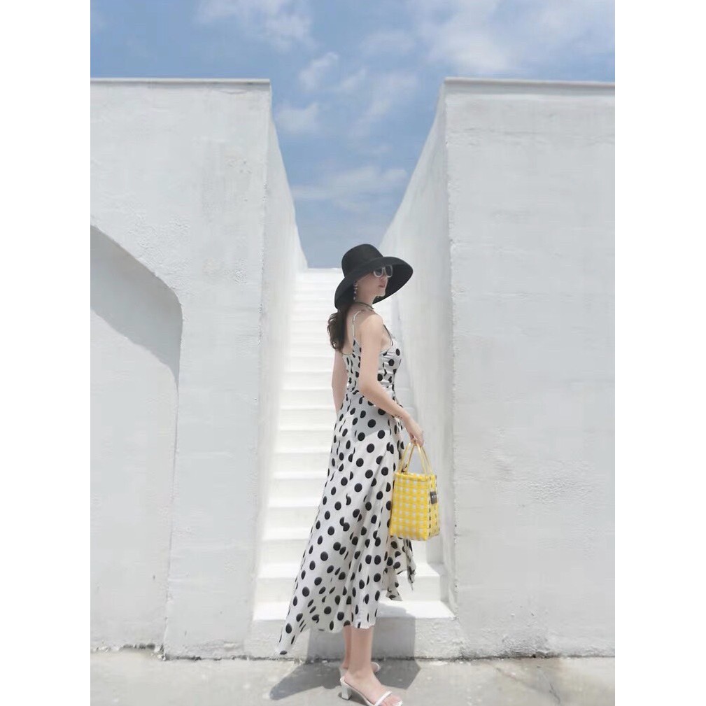 Đầm Xòe Maxi Hai Dây Chấm Bi Rút Ngực Phối Bèo - DM014 | BigBuy360 - bigbuy360.vn