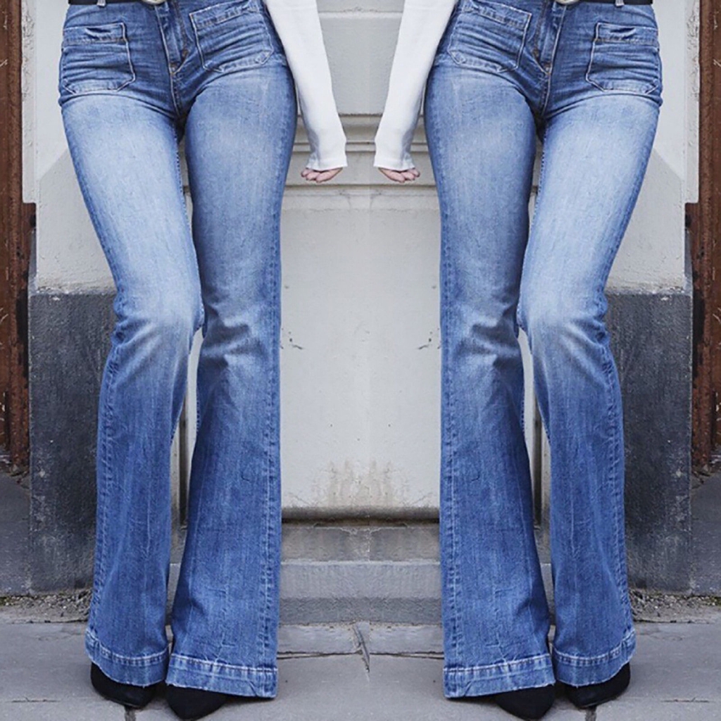 Quần jeans lưng cao ống loe vintage cho nữ