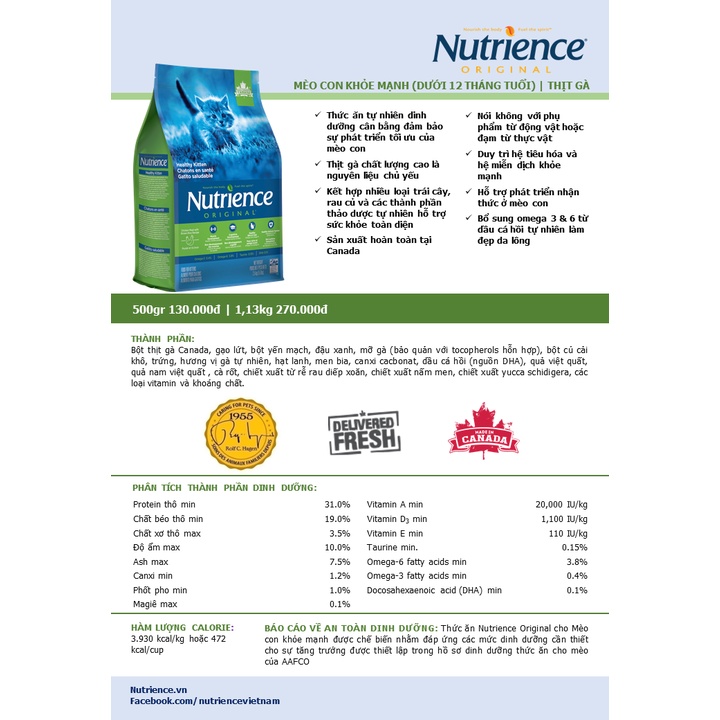 Hạt Nutrience Kitten Original cho mèo dưới 12 tháng tuổi túi 500g-2,5kg