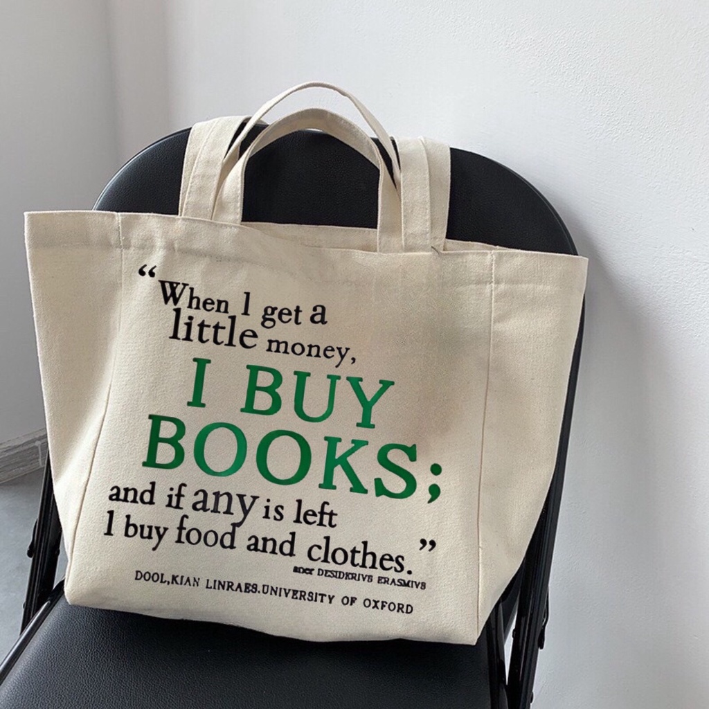Túi tote HAZIN vải canvas ulzzang unisex in chữ I Buy Book có khoá miệng túi nhỏ bên trong HZ58