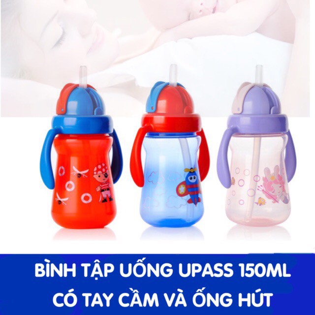 (Tặng cọ ống hút) Bình uống nước cốc tập uống ống hút 2 tay cầm Upass Thái Lan 150ml cho bé