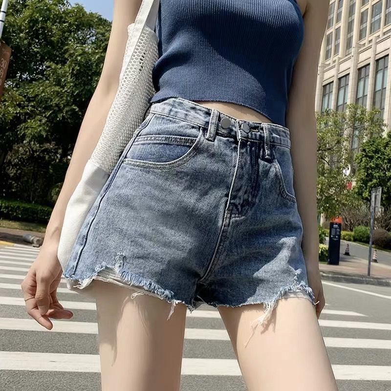 Quân dai Quần short nữ Quần ống rộng quần short denim quần short nữ cạp cao hàn quốc mùa hè từ rộng chân rộng học sinh là quần jean nữ mỏng