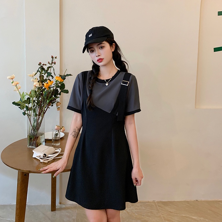 Đầm ZHELIHANGFEI ngắn tay giả hai lớp thiết kế không đồng đều xinh xắn thời trang