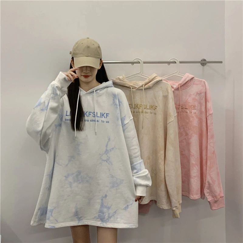 (A3) Áo Hoodie nỉ da cá màu loang thêu chữ phong cách Hàn Quốc nhiều màu