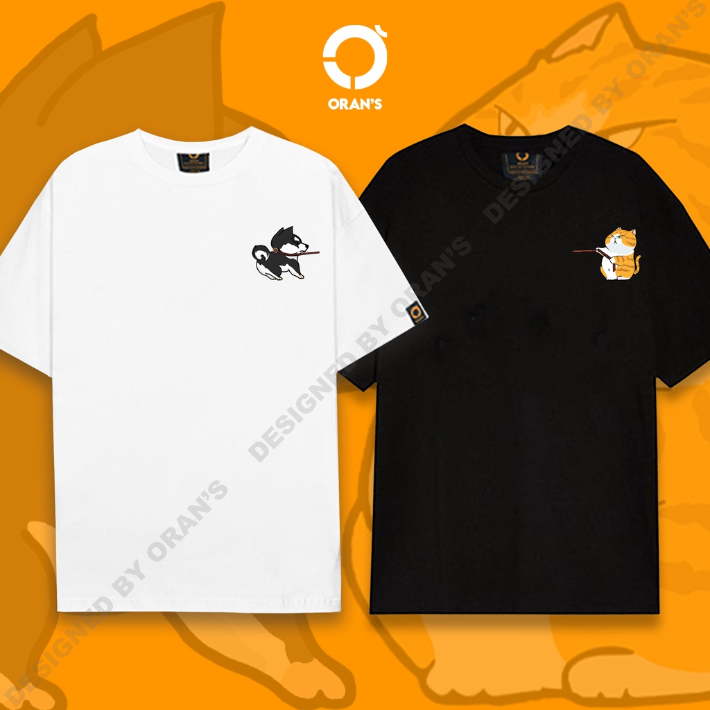 Áo thun đôi in hình nhỏ mèo chó HUSKY kéo xích lỡ Oversize chất COTTON 4C, FULLBOX - ORAN'S COUPLE - ORANS 06